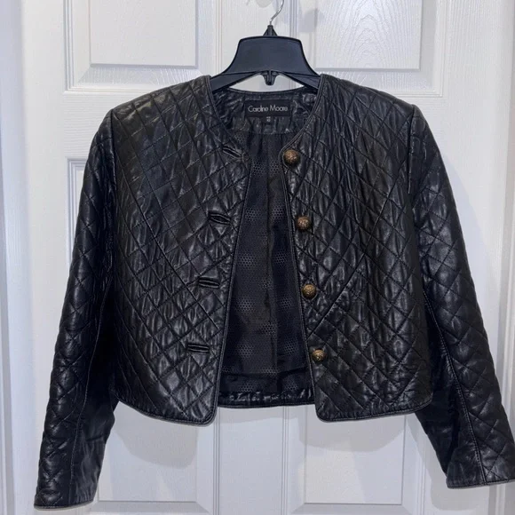 Caroline Moore black quilted leather jacket with gold-toned buttons SZ 10 - Picture 1 of 16
